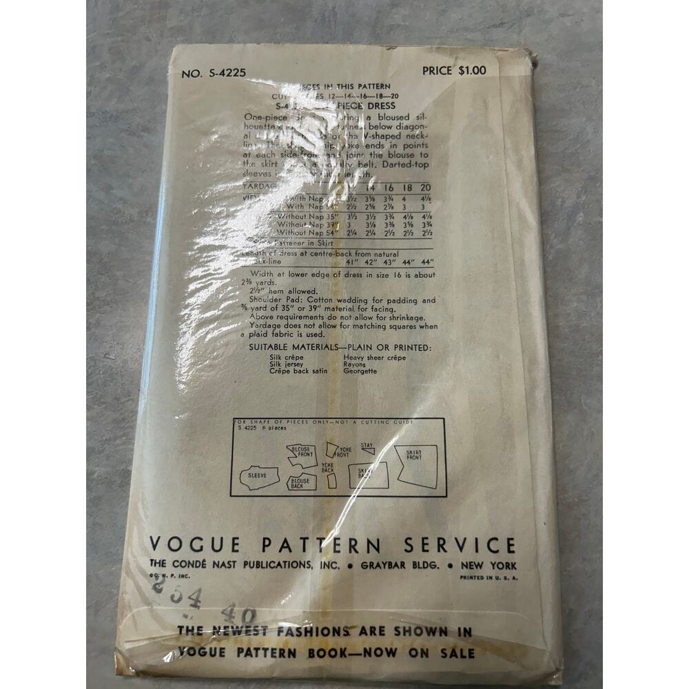 Vintage 1940's Vogue Special Designs Pattern #S-4225 One Piece Dress HTF RARE - Picture 6 of 6